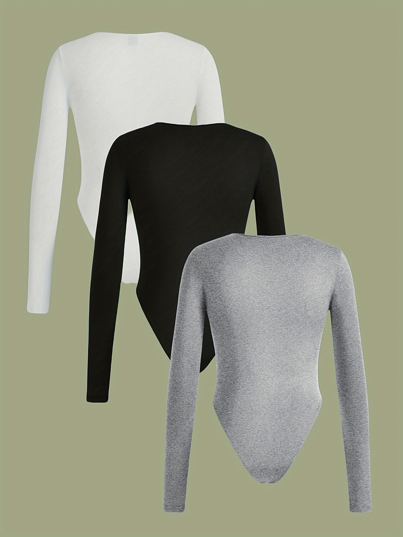 Lot de 3 bodys femme à manches longues, coupe slim, col rond, couleur unie (blanc, noir, gris), confortables et élégants, style décontracté pour toutes saisons