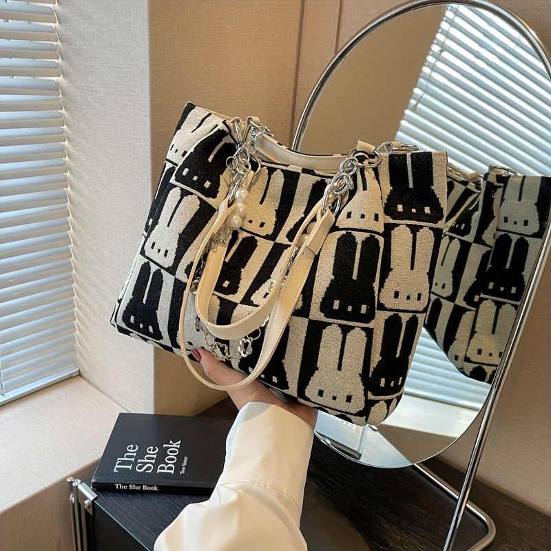 Sac Cabas Chic à Motif Lapin – Grande Capacité, Design Contrasté, Sac Décontracté à Porter à l’Épaule ou Sous le Bras, Fermeture Éclair