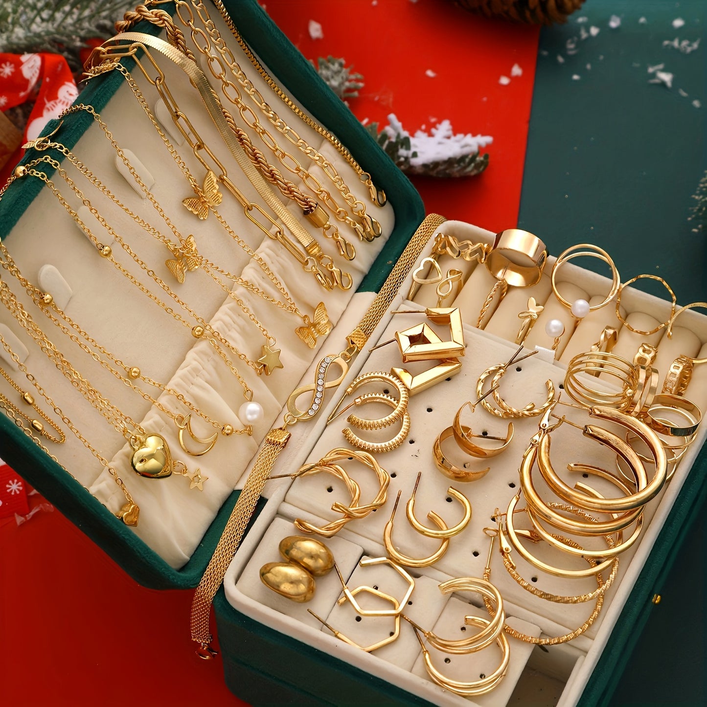 Ensemble de 58 pièces de bijoux femme, collier cœur et papillon, boucles d’oreilles, bracelet et bague avec zirconia synthétique et perles, thème Noël, élégant et polyvalent