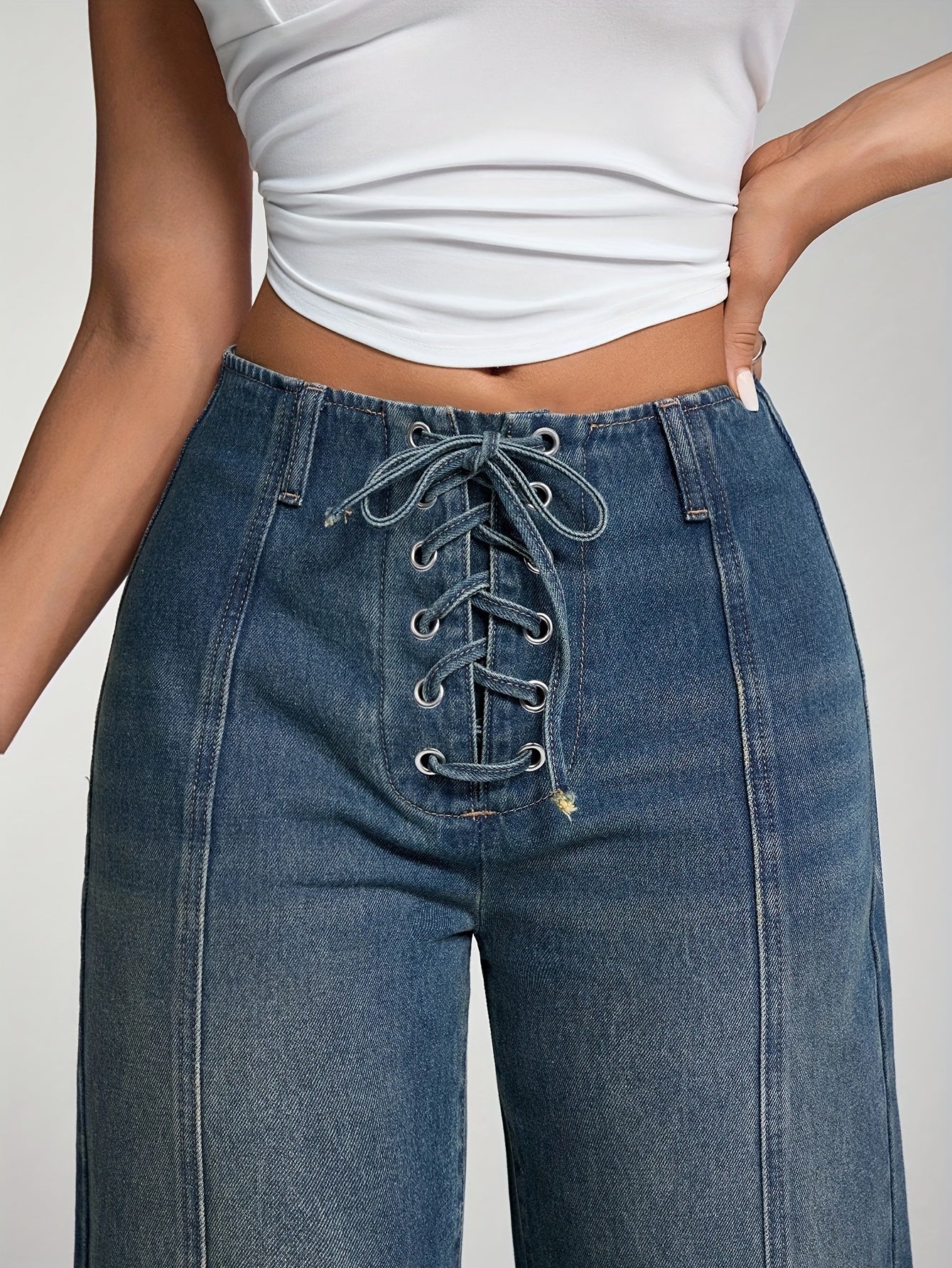 Jeans Femme Élégant Taille Haute Jambe Droite Bleu Clair Ceinture Croisée Sans Extensible Toute Saison Polyvalent Décontracté et Formel