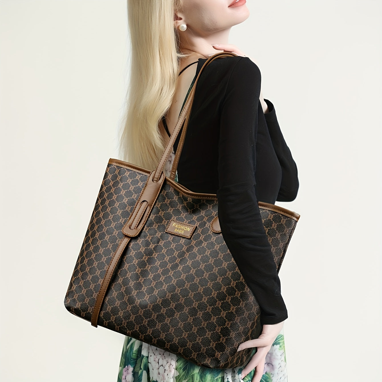 Sac fourre-tout tendance pour femmes – motif géométrique gris et brun foncé, fermeture zippée, doublure polyester