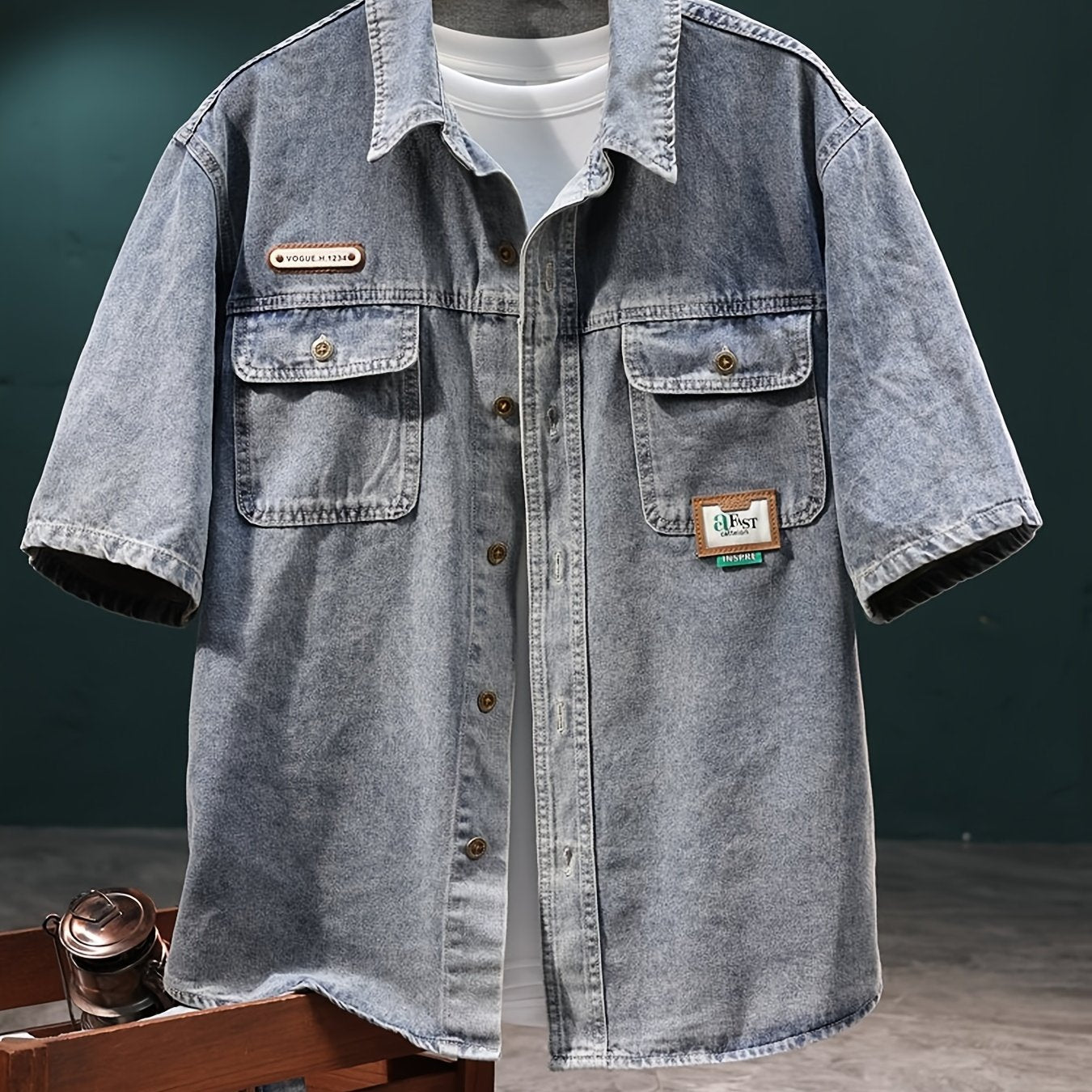 Retro Denim Short-Sleeve Shirt, Half-Sleeve Denim Top, Casual Summer Denim Wear.