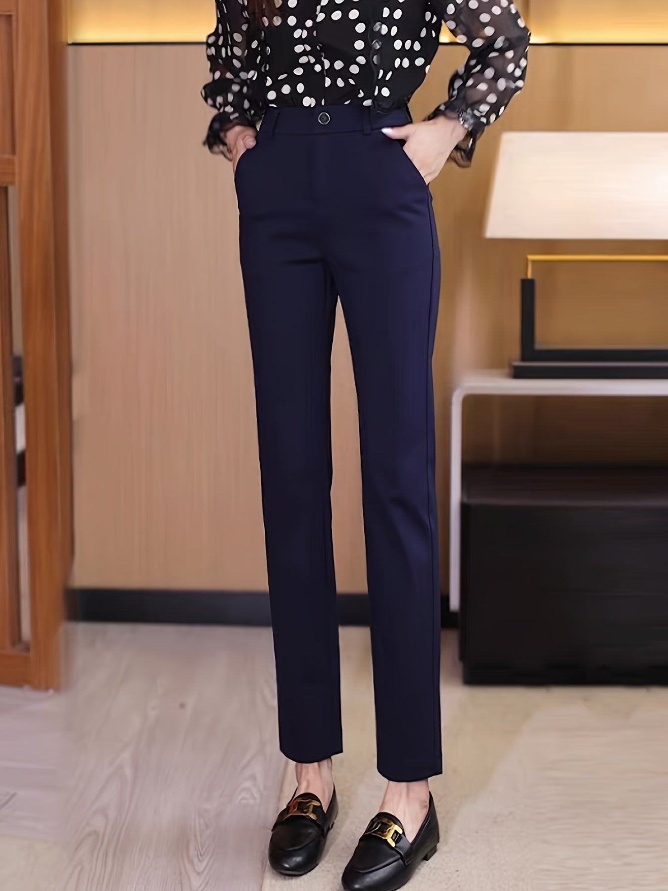 Pantalon Femme Taille Haute – Jambe Droite Noir, Confortable, Taille Élastique, Boutons, Bureau et Décontracté