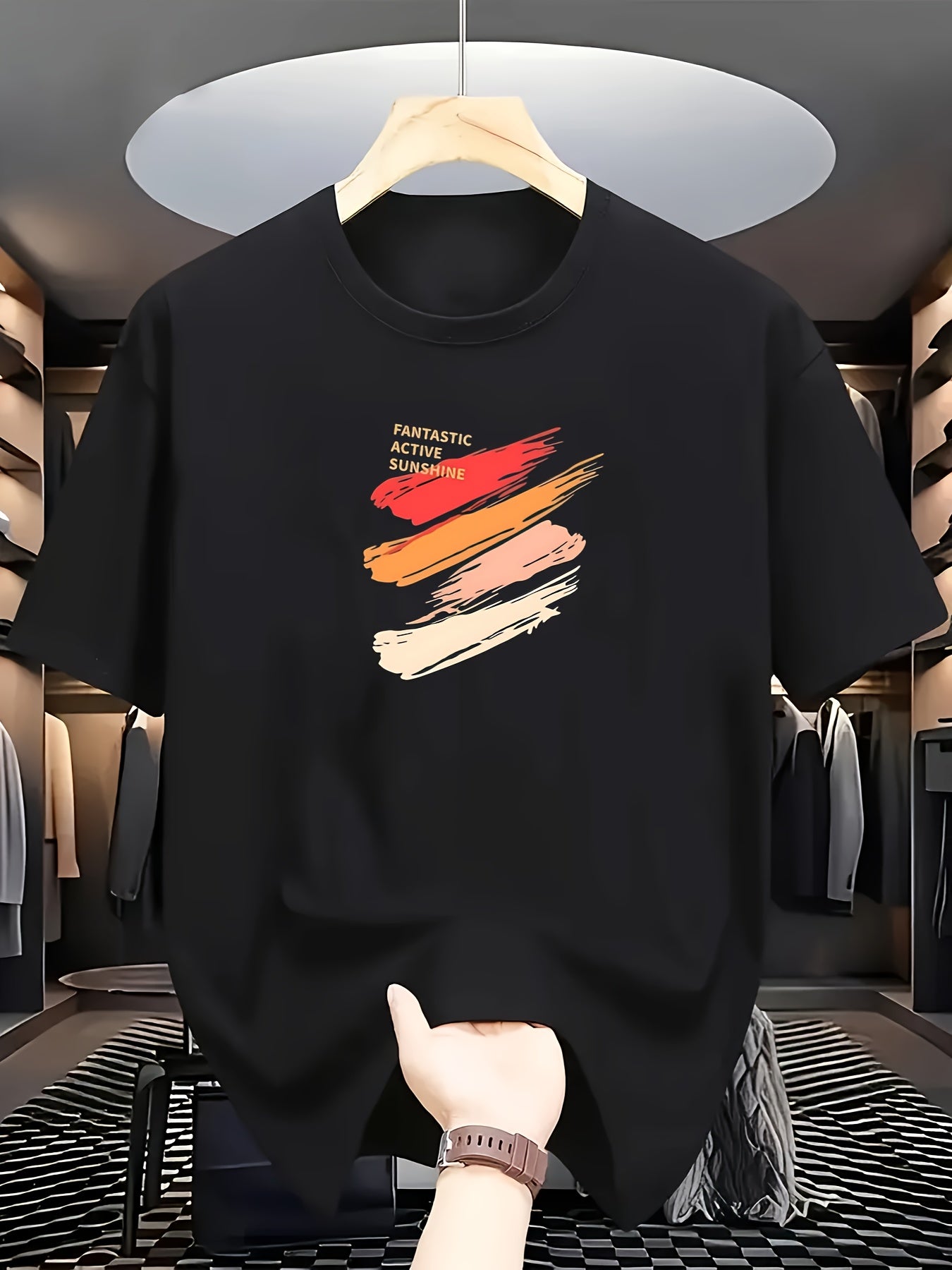 Men's Black T-Shirt - Soft Breathable Crew Neck Tee with Red/Beige/Orange Accent Stripe, Everyday Casual Shirt for Gym, Outings, Parties - All-Season Comfort Fit, Weekend Attire, Sporty Design, Comfortable Material, Short Sle