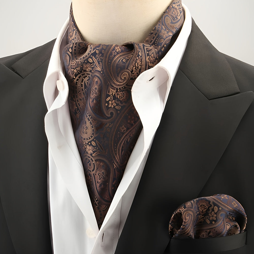 2pcs Ascot Homme – Écharpe et Pochette Style Rétro Britannique pour Mariages et Événements, Motifs Pois/Paisley/Fleur