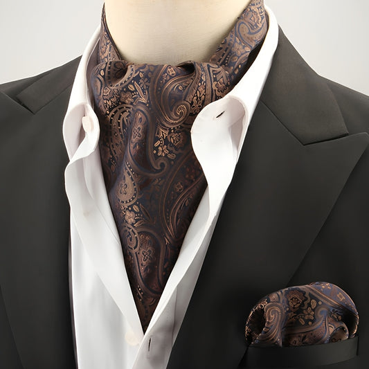 2pcs Ascot Homme – Écharpe et Pochette Style Rétro Britannique pour Mariages et Événements, Motifs Pois/Paisley/Fleur