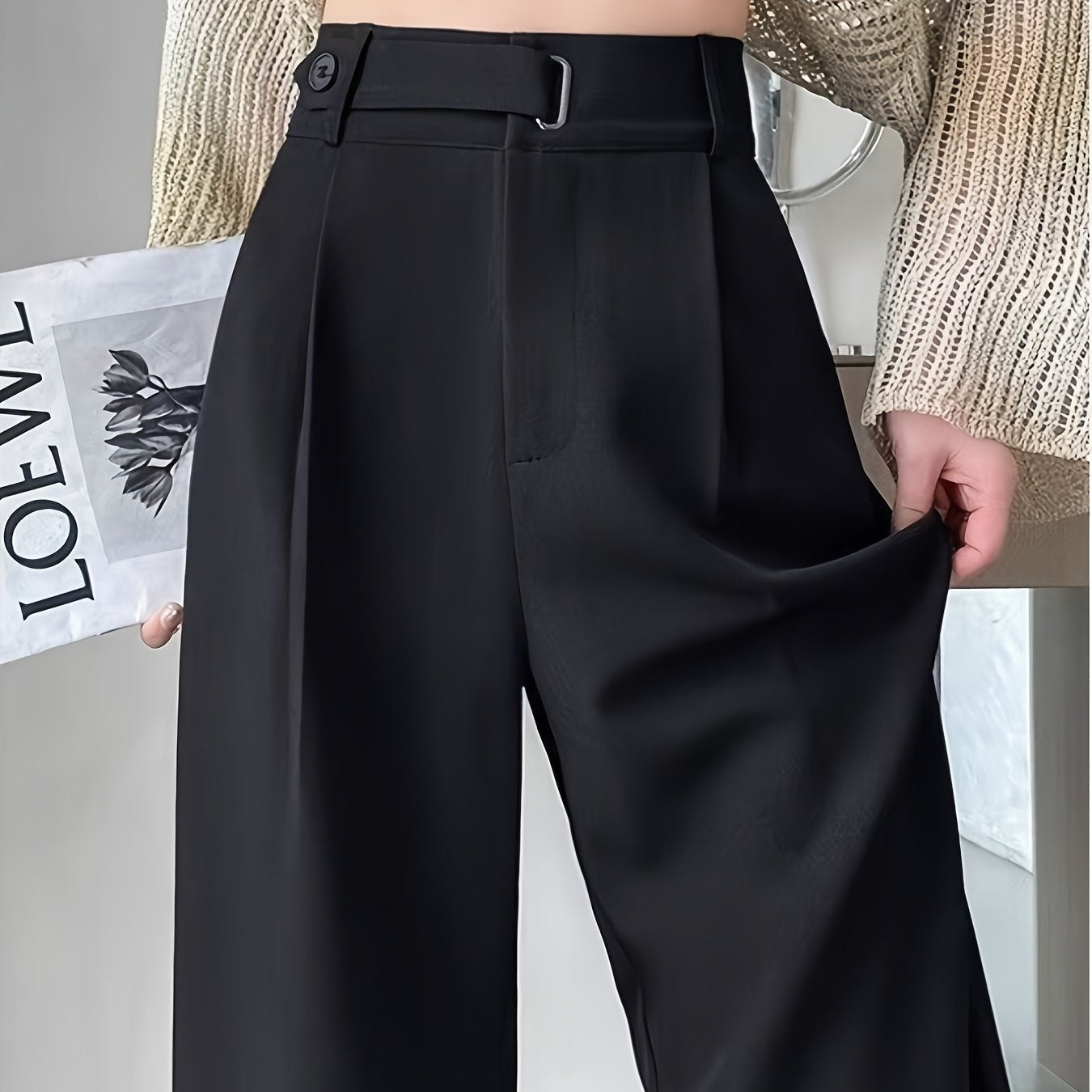 Pantalon Femme Noir 2025 – Costume Haut de Gamme, Taille Haute, Jambe Droite ou Large, Sans Ceinture, Printemps/Été/Automne