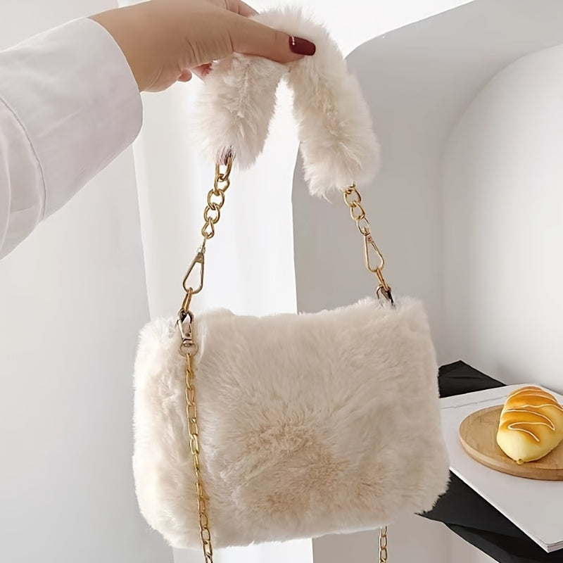 Sac en peluche automne/hiver femme – bandoulière réglable, petit sac carré léger et stylé, fermeture éclair, doublure synthétique, 5 couleurs au choix