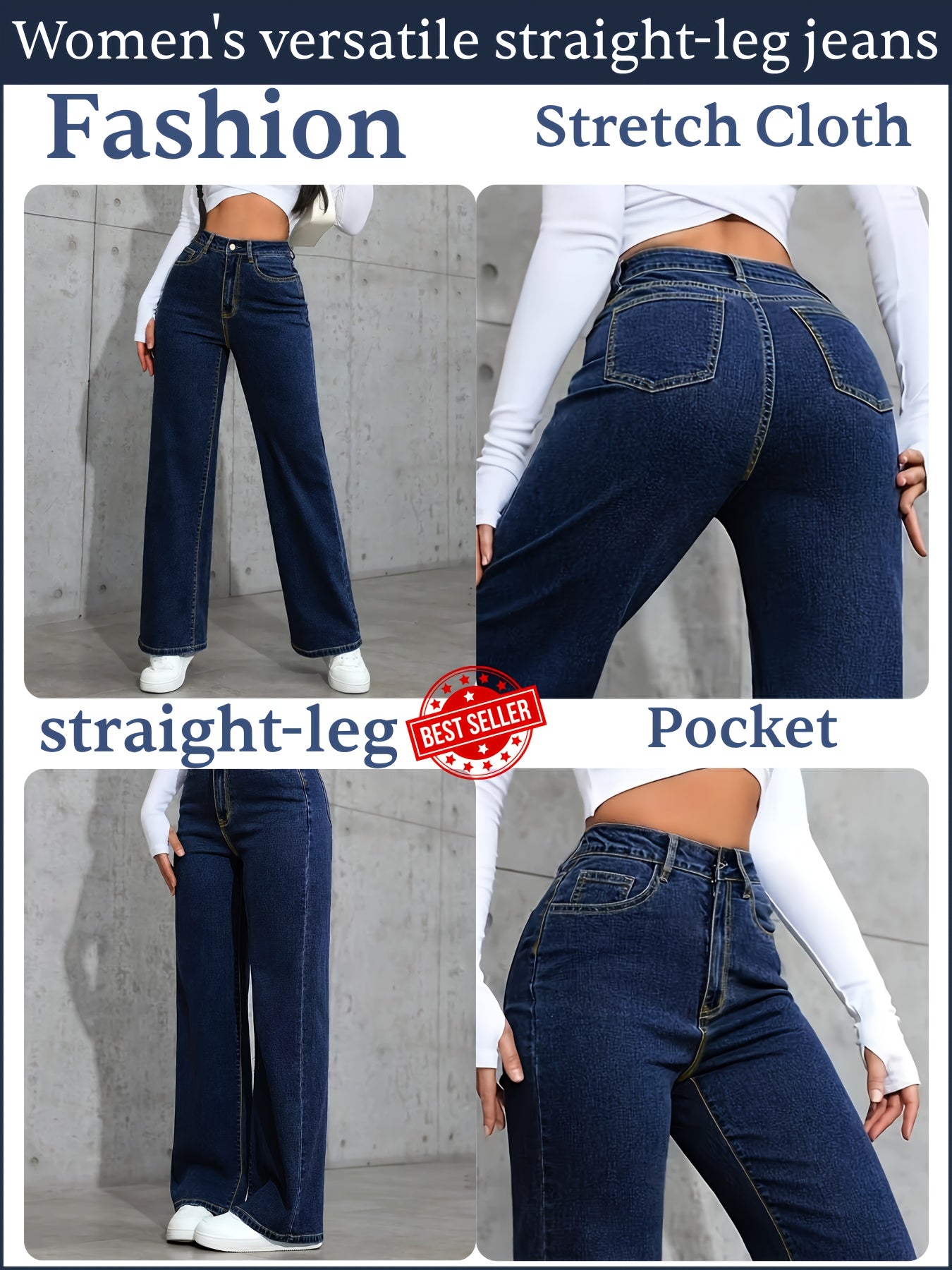 Jeans Femme Style Basique Bleu Effet Usé Jambe Droite Décontracté Poches Multifonction Extensible Confortable Polyvalent