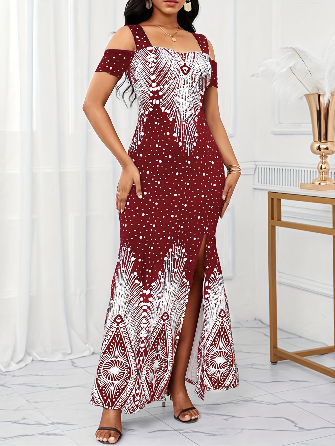 Women's Elegant Paisley Print Square Neck Off-Shoulder Evening Dress - Short Sleeve Bodycon Mermaid with Side Slit & Waist Accent, Machine Washable Summer Formal Party Wear, Evening Event Attire, Stretchy Fabric Gown, Comfort
