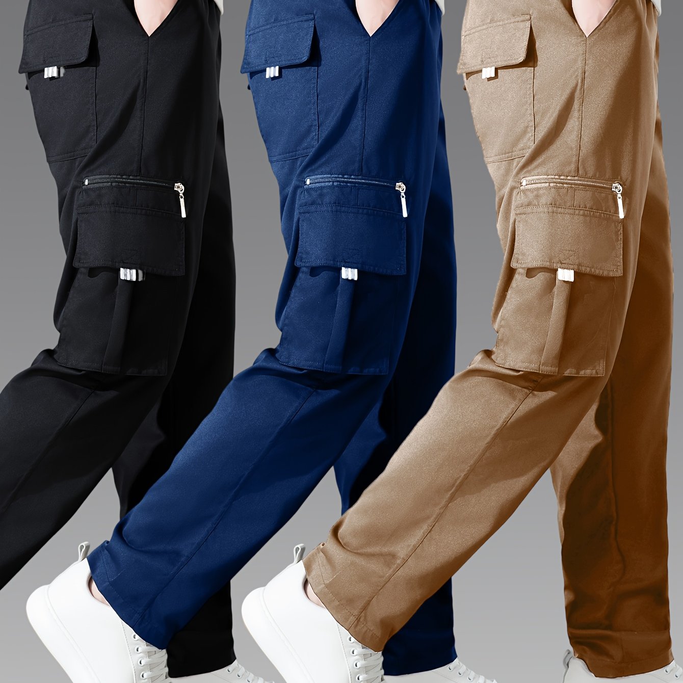 Pantalons cargo pour homme (3 pièces) – multi-poches, coupe décontractée, tissu non extensible durable, confort toutes saisons, idéal tenue décontractée et activités outdoor (noir/bleu marine/gris)