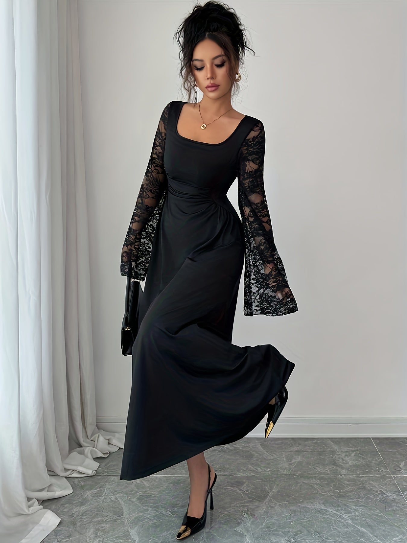 2025 New Fall/Winter Vintage Black Lace Tulle Square Neck Bell Sleeves Split Long-Sleeve Maxi Dress | Elegant Fit and Flare Silhouette with Contrast Lace Details