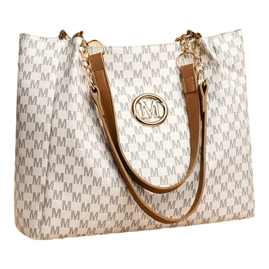 Sac vintage femme en cuir PU avec logo **M** – grande capacité, quincaillerie rétro, fermeture zippée. Parfait pour le printemps et l’été, voyages ou sorties. Disponible en trois couleurs.