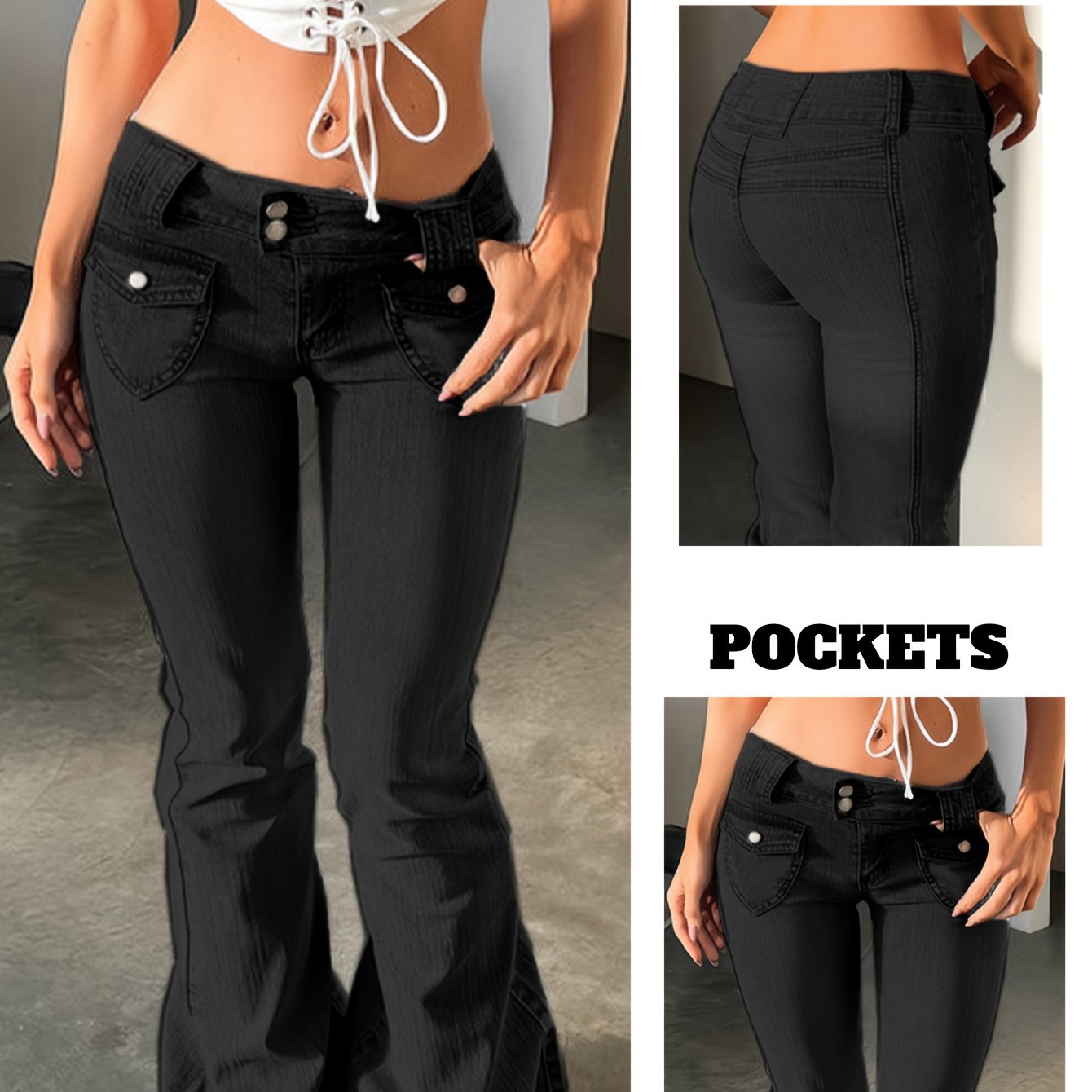 Jeans Femme Skinny Extensible Taille Basse Double Boutons Poche Rabat Cargo Denim Noir Mi-Extensible Lavable Décontracté Toute Saison Confortable