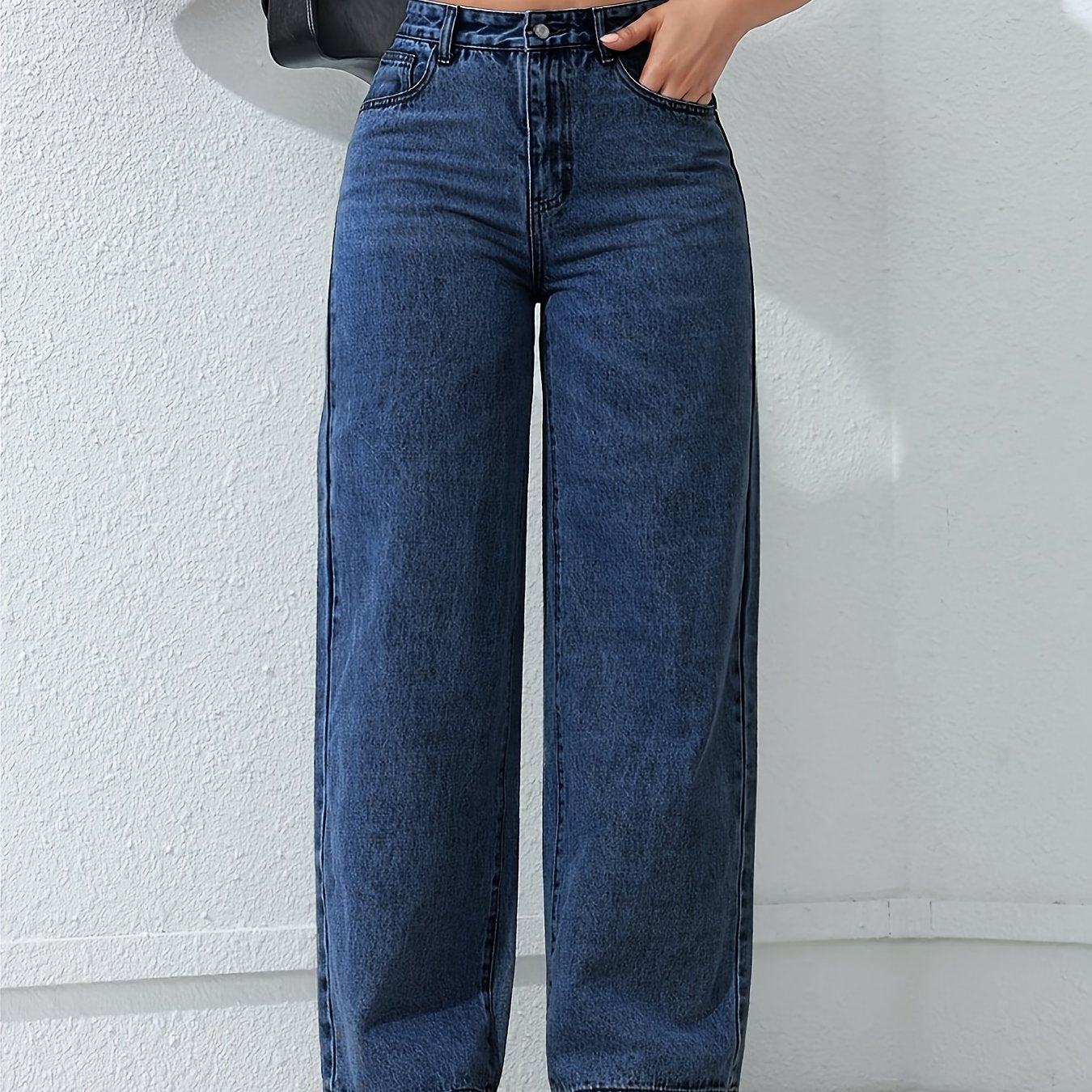 Jean ample à jambes droites pour femme avec poches, jean non extensible, jean taille haute style baggy, jean mom taille haute, jean à taille élastique