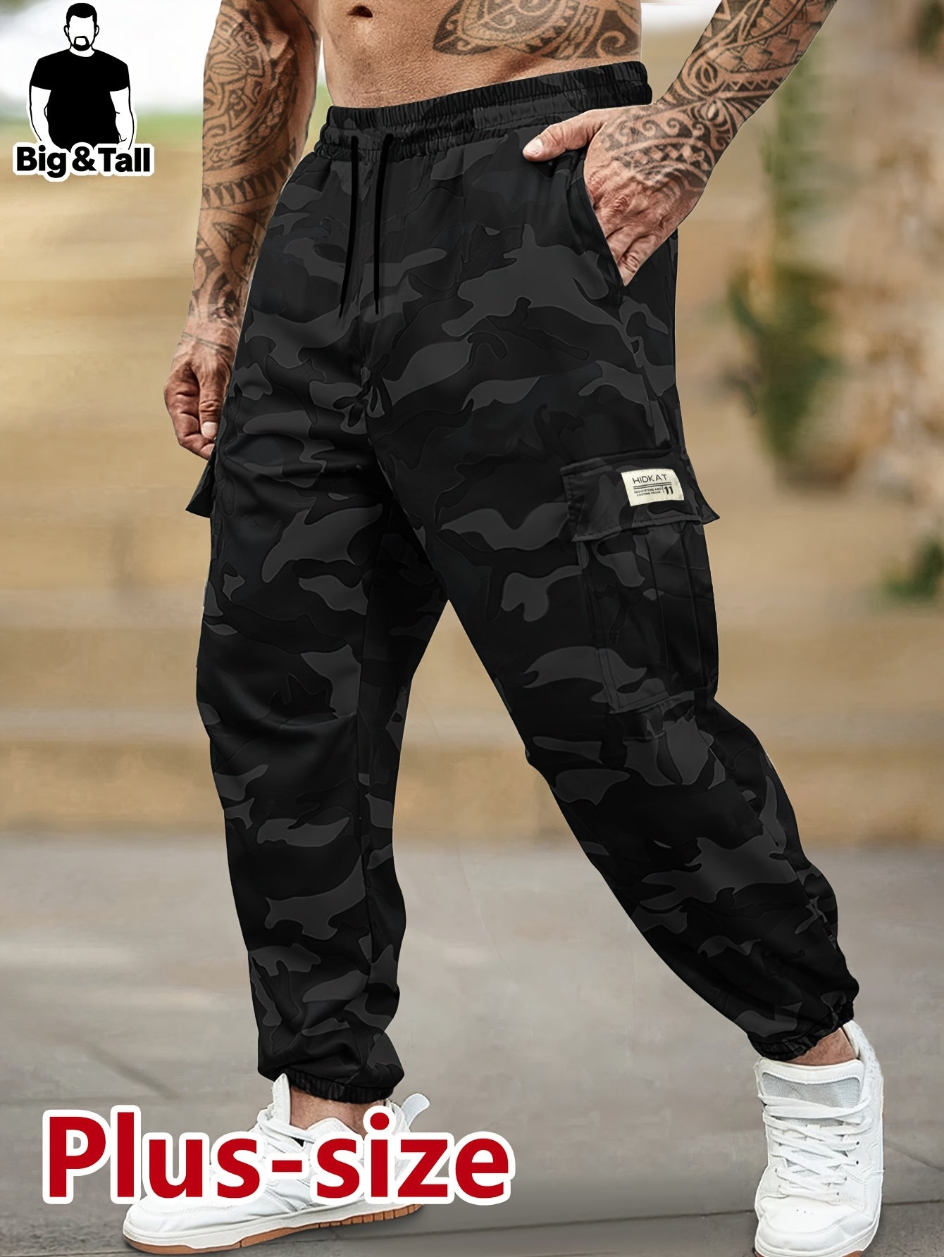 Pantalon camouflage grande taille  pour homme – poches à rabat, taille à cordon, cargo outdoor respirant, idéal chasse et tenue décontractée, printemps/automne, coupe régulière