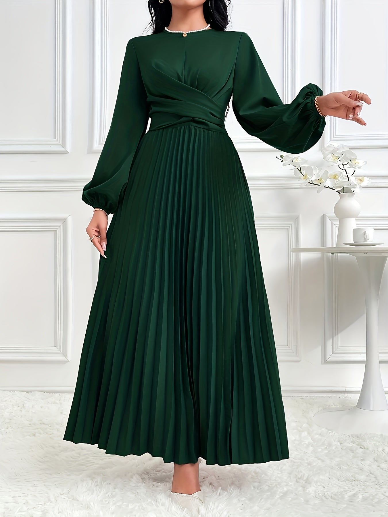 Women's Solid Color Lantern Sleeve Ruffled Elegant Arabic Dress