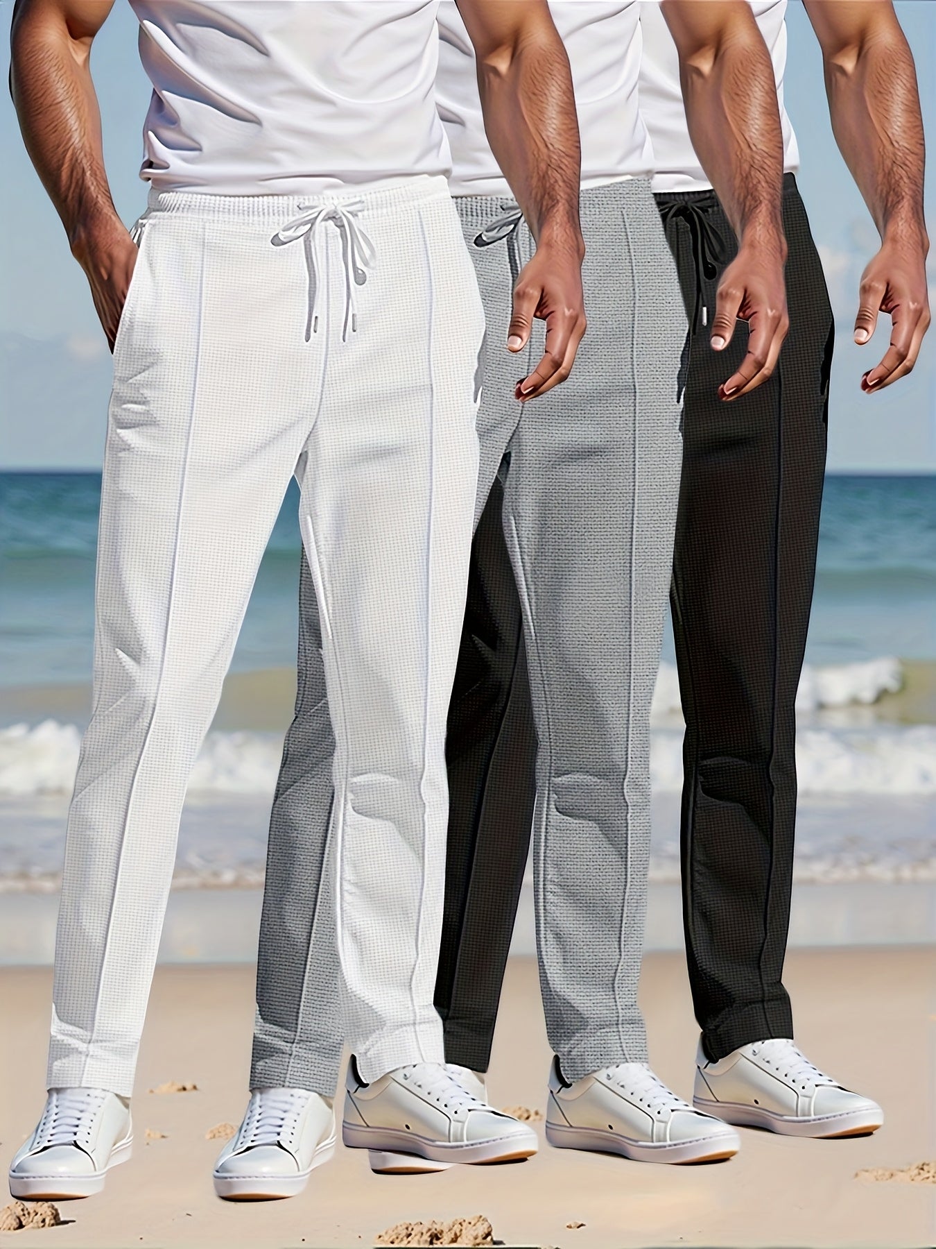 3pcs Pantalons Homme – Uni, Jambe Droite, Casual & Outdoor, Cordon, Tout Saison