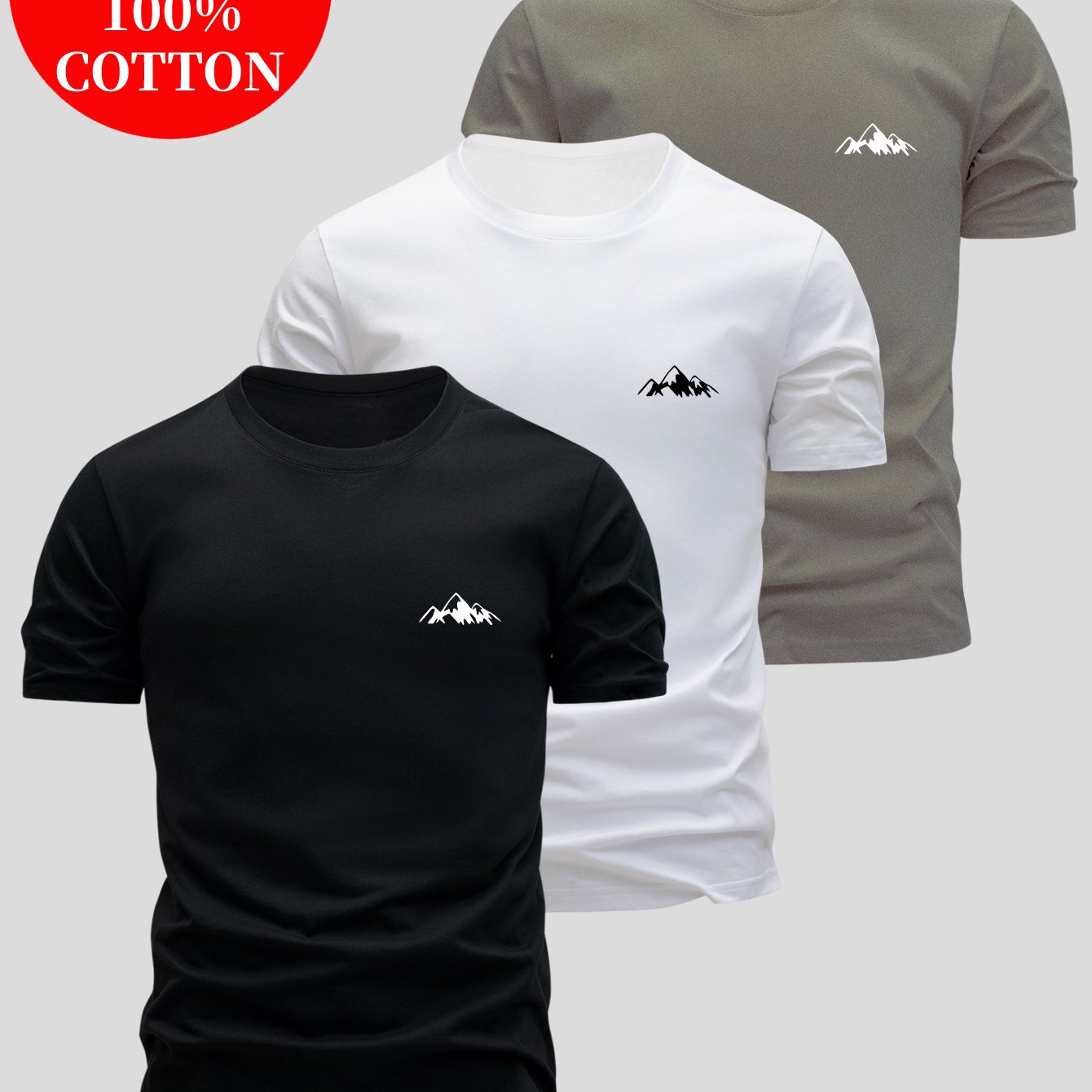3pcs 's 100% Cotton T-Shirts Slim Fit Short Sleeve Crew Neck - White/Black/Navy Blue with Logo Print ( Grey Logo) - Soft Summer Casual Shirts, Breathable Casual Attire, Minimalist -Inspired Design for Layering & Outfits