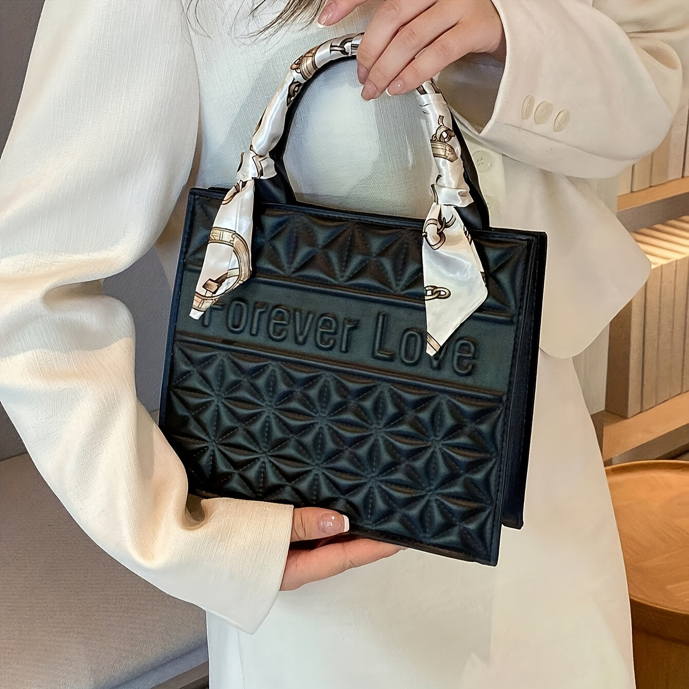 Set 2 Pièces Sac Carré à Motif Matelassé – Sac Cabas Grande Capacité, Sac à Épaule et Petit Portefeuille Assorti, Sac à Main Professionnel pour Femmes au Bureau