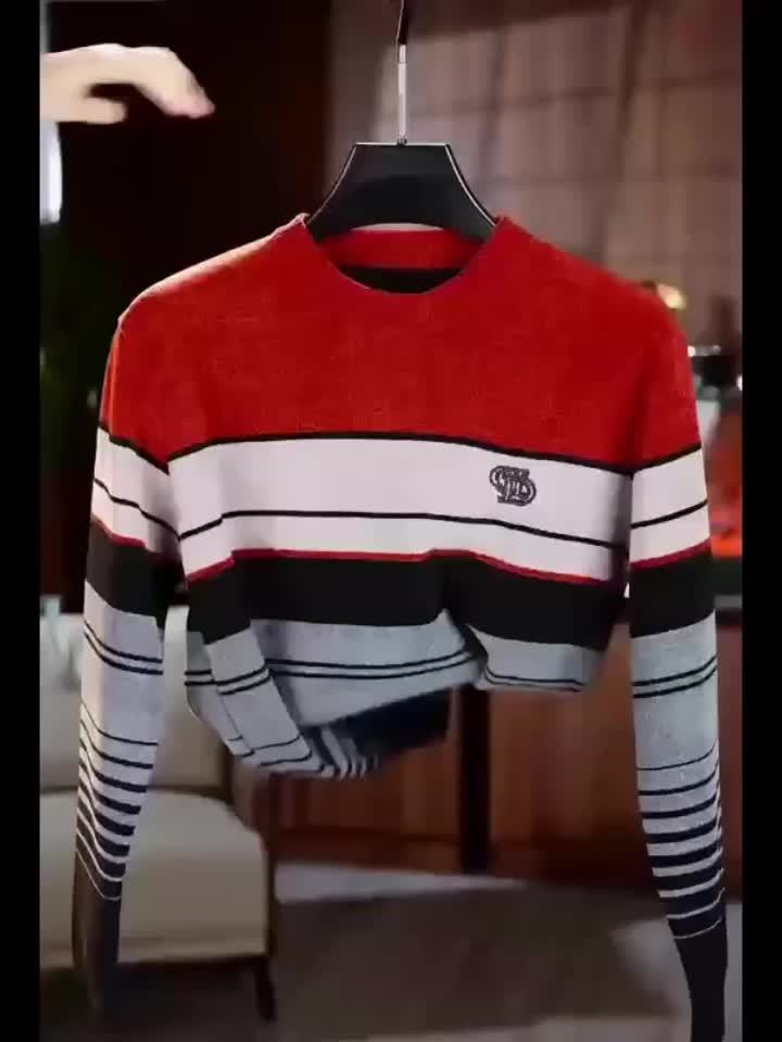 Men's Winter Thermal Fleece-Lined Striped Sweater - Thickened Warm Pullover with Embroidered Logo, Casual Round Neck Long Sleeve Knit Top, Machine Washable (Black/Brown/Beige), Cold Weather Apparel, Ribbed Texture, Comfortabl