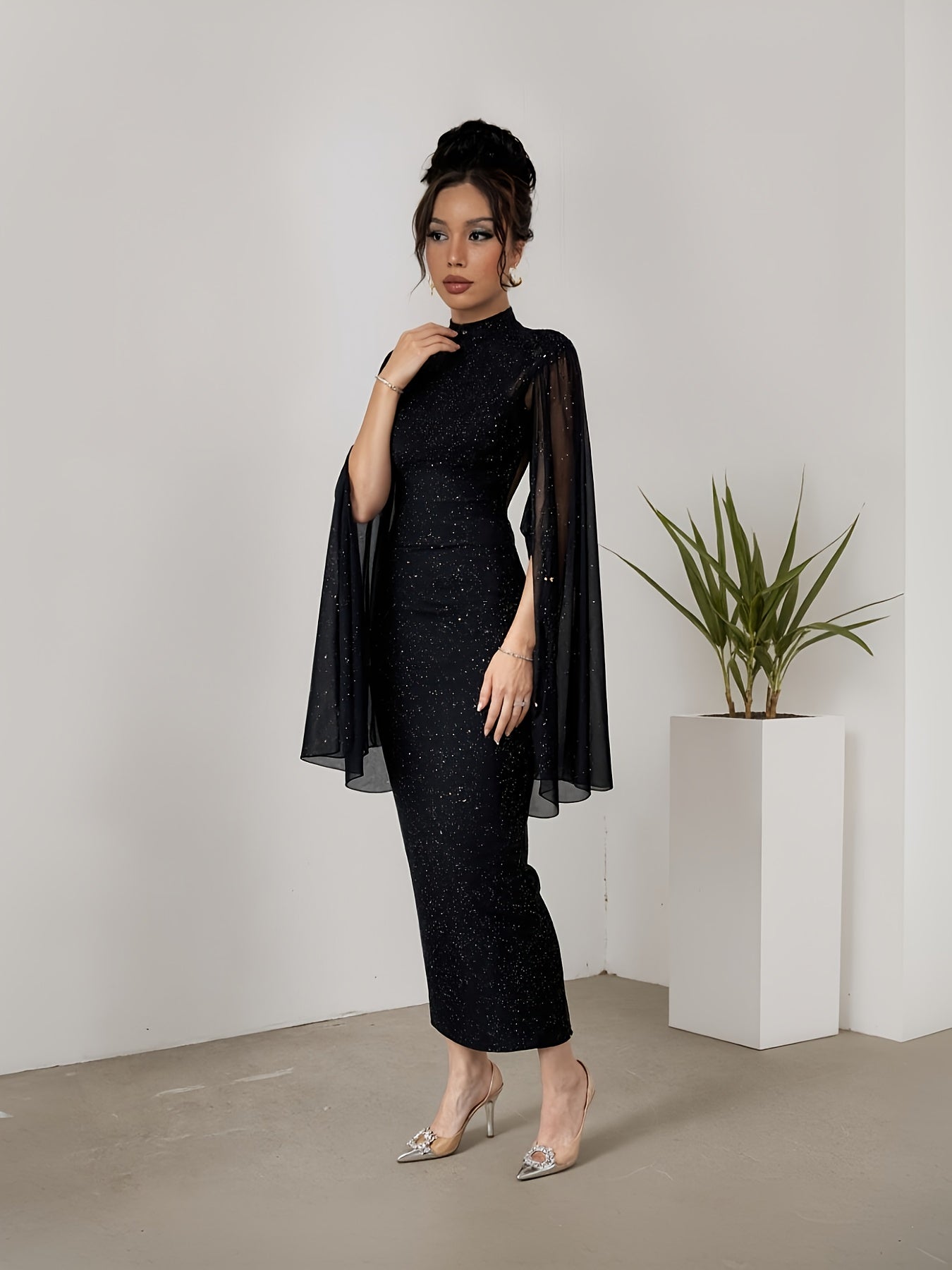 High Neck Star Sequin Dress with Cape Shawl | Y2K Party Evening Dress (Fits Small! Order 1 Size Up)