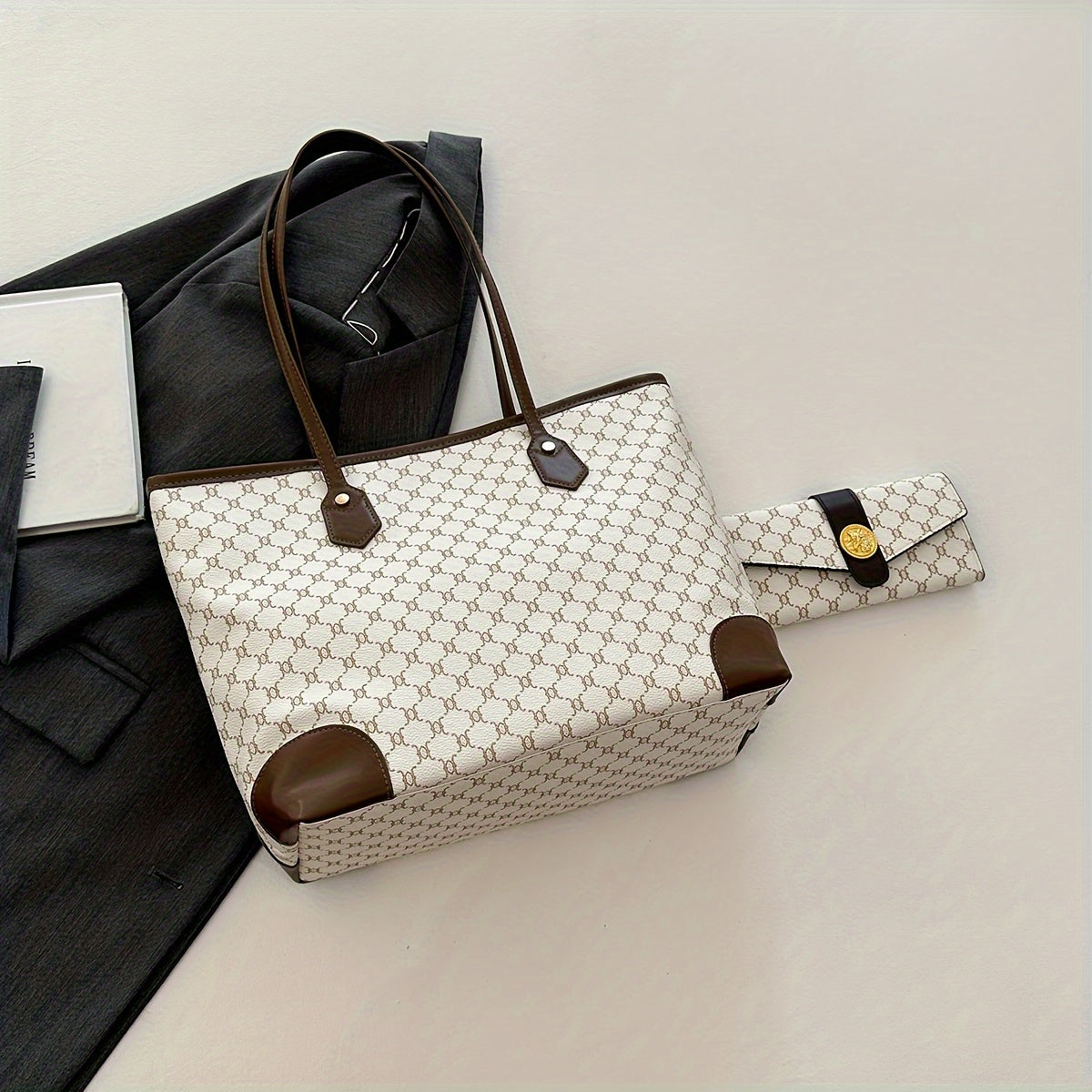 Set sac et portefeuille femmes grand format motif géométrique fermeture éclair blanc marron