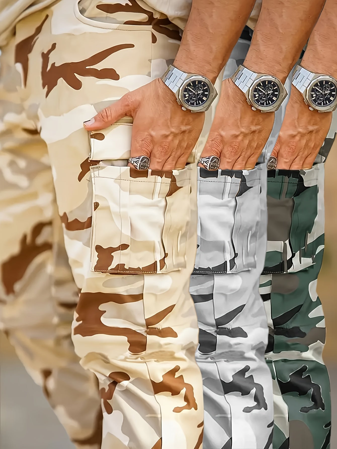 Pantalon cargo camouflage pour homme – poches à rabat, taille à cordon, couleurs vert/marron/beige/gris/noir/blanc, idéal chasse, militaire et tenue décontractée