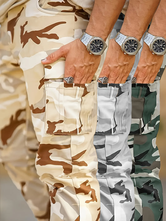 Pantalon cargo camouflage pour homme – poches à rabat, taille à cordon, couleurs vert/marron/beige/gris/noir/blanc, idéal chasse, militaire et tenue décontractée