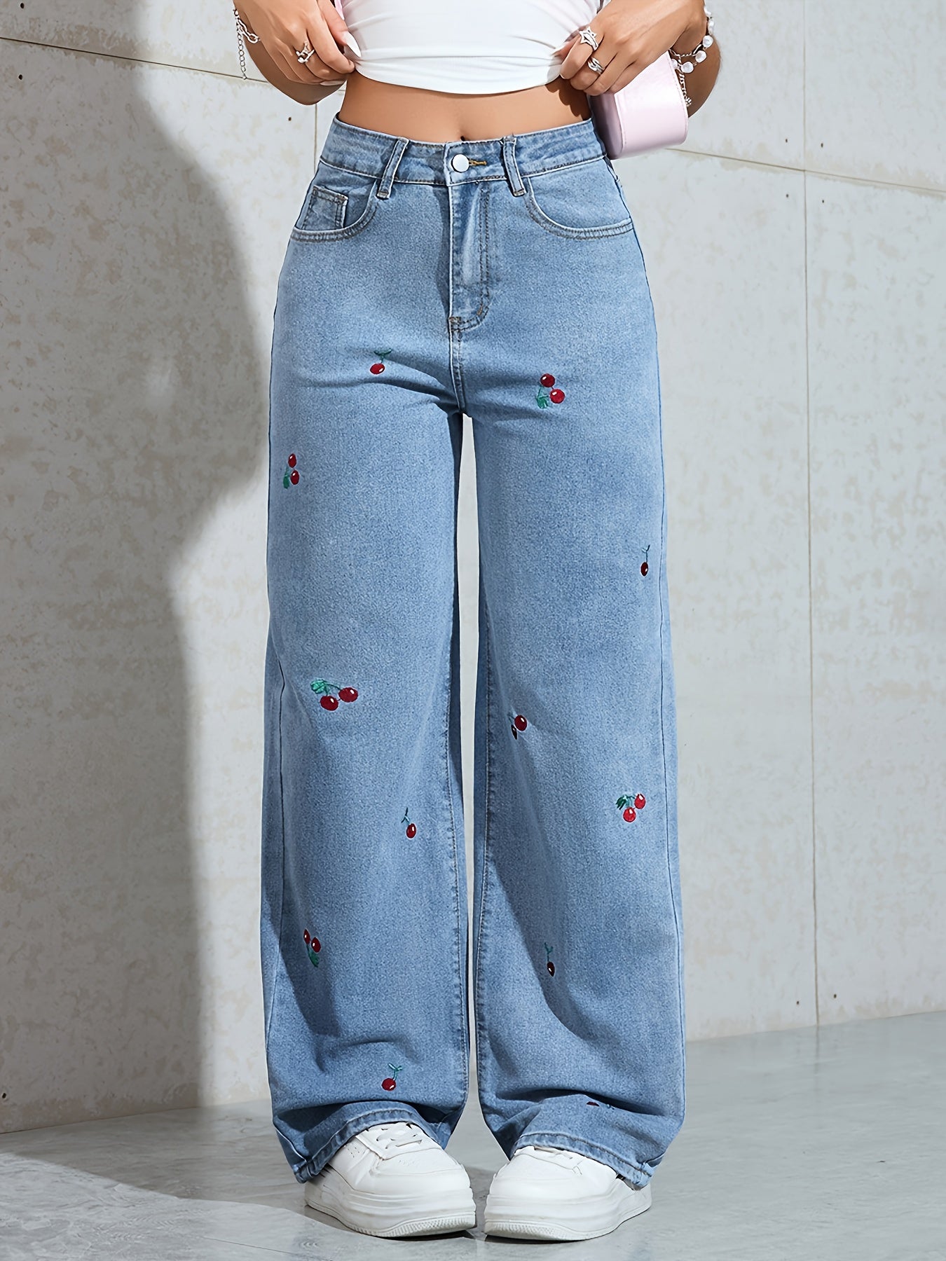 Jeans Femme Jambe Droite Large Faux Denim Broderie Cerise Extensible Effet Usé Confort Toute Saison Décontracté Durable