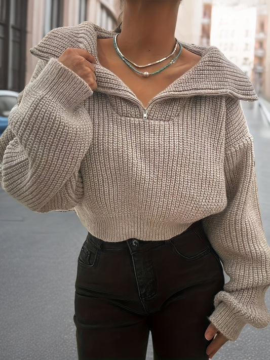 Pull court femme automne-hiver à demi-zip et manches lanterne – Pull côtelé élégant, coupe slim, tissu stretch mi-épais, lavable en machine, style décontracté chic, détail côtelé plié