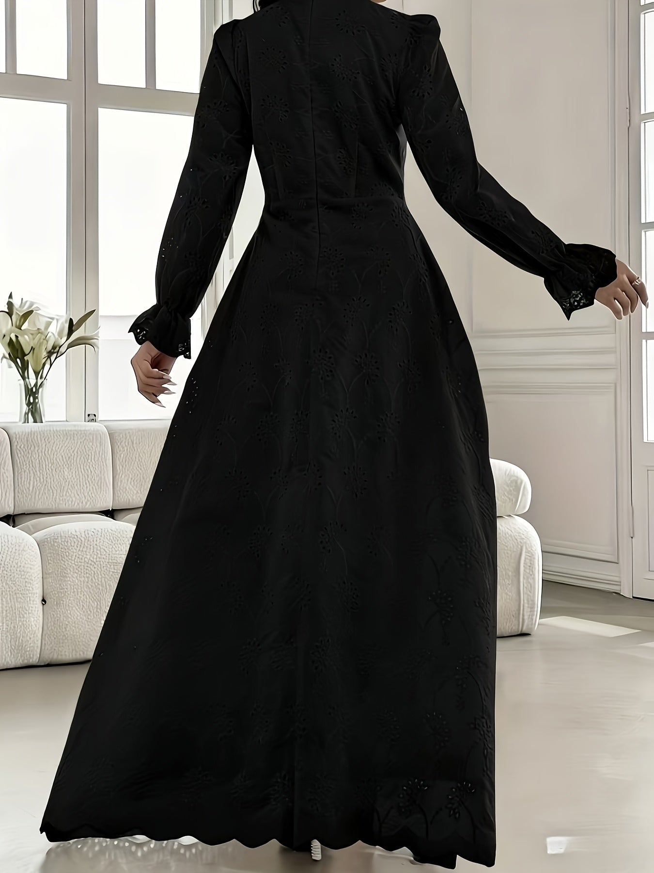 Women'S French Embroidered Stand Collar Puff Sleeve Dress Featuring a Ruffled Design, Suitable for Dates, Vacations, Parties, And Everyday Commuting.