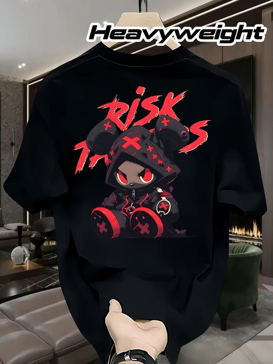 Men's Heavyweight 100% Cotton Oversized T-Shirt with RISK & Japanese Anime Graphic Print - Black & Red Gaming Design, Casual Summer Tee for Anime Fans, Large Size Loose Fit, Machine Washable, Ideal for Valentine's Day, Father
