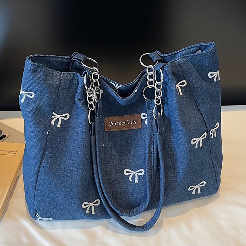Sac Cabas Femme– Bandoulière Chaîne Fixe, Broderie Nœud, Fermeture Zippée Durable, Idéal Quotidien, Shopping et Sorties – Bleu Clair / Bleu Foncé, Idée Cadeau Élégante