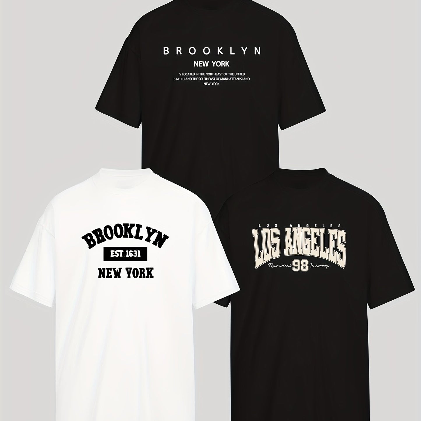 Three-Piece Set: Men's Casual Fashion BROOKLYN, LOS ANGELES Print Drop Shoulder Short Sleeve T-Shirt, Comfortable and Versatile
