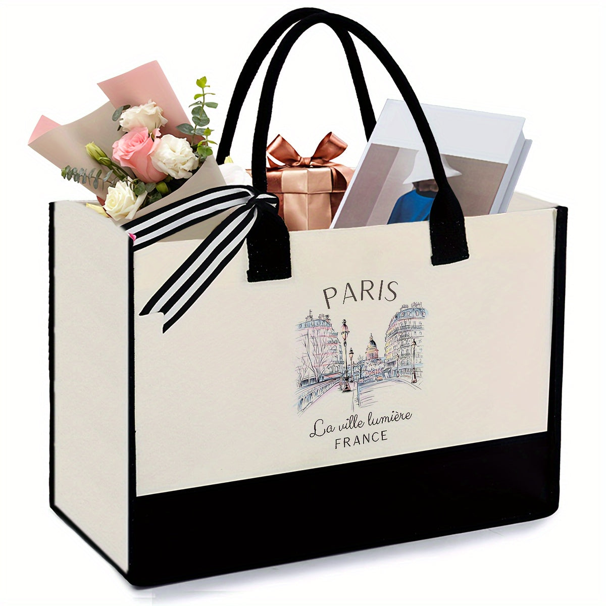 Sac Cabas Élégant Paysage Urbain Parisien – Toile, Poignées, Sans Fermeture, Style Décontracté, Non Doublé, Sac Cabas Quotidien | Sac Cabas Élégant | Poignées Durables, Sac Cabas