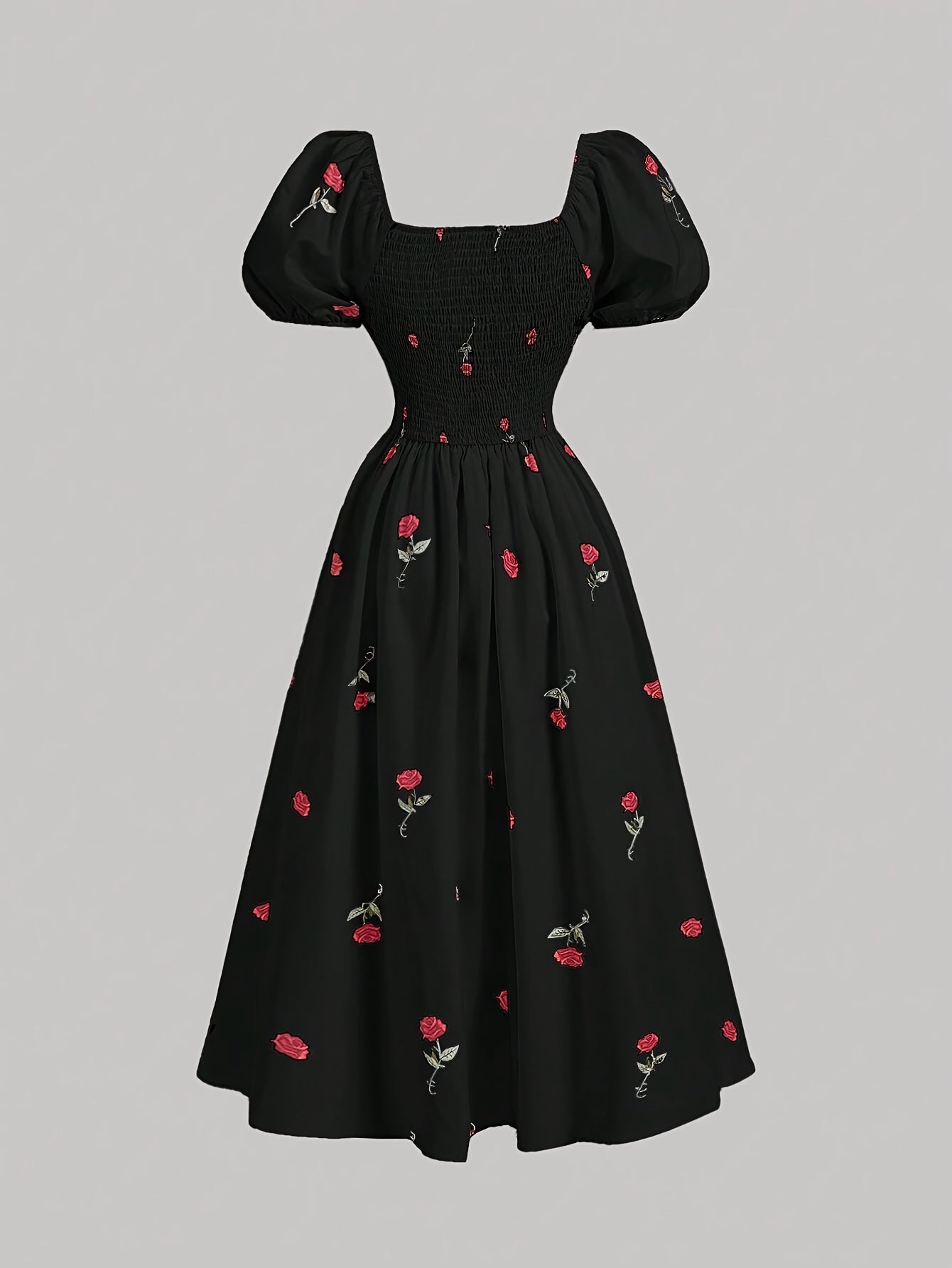 Robe élégante pour femmes à col carré – Imprimé floral, manches courtes, coupe ajustée en A, roses rouges et feuilles vertes, légère et lavable en machine, printemps/été/automne, casual à semi-formel