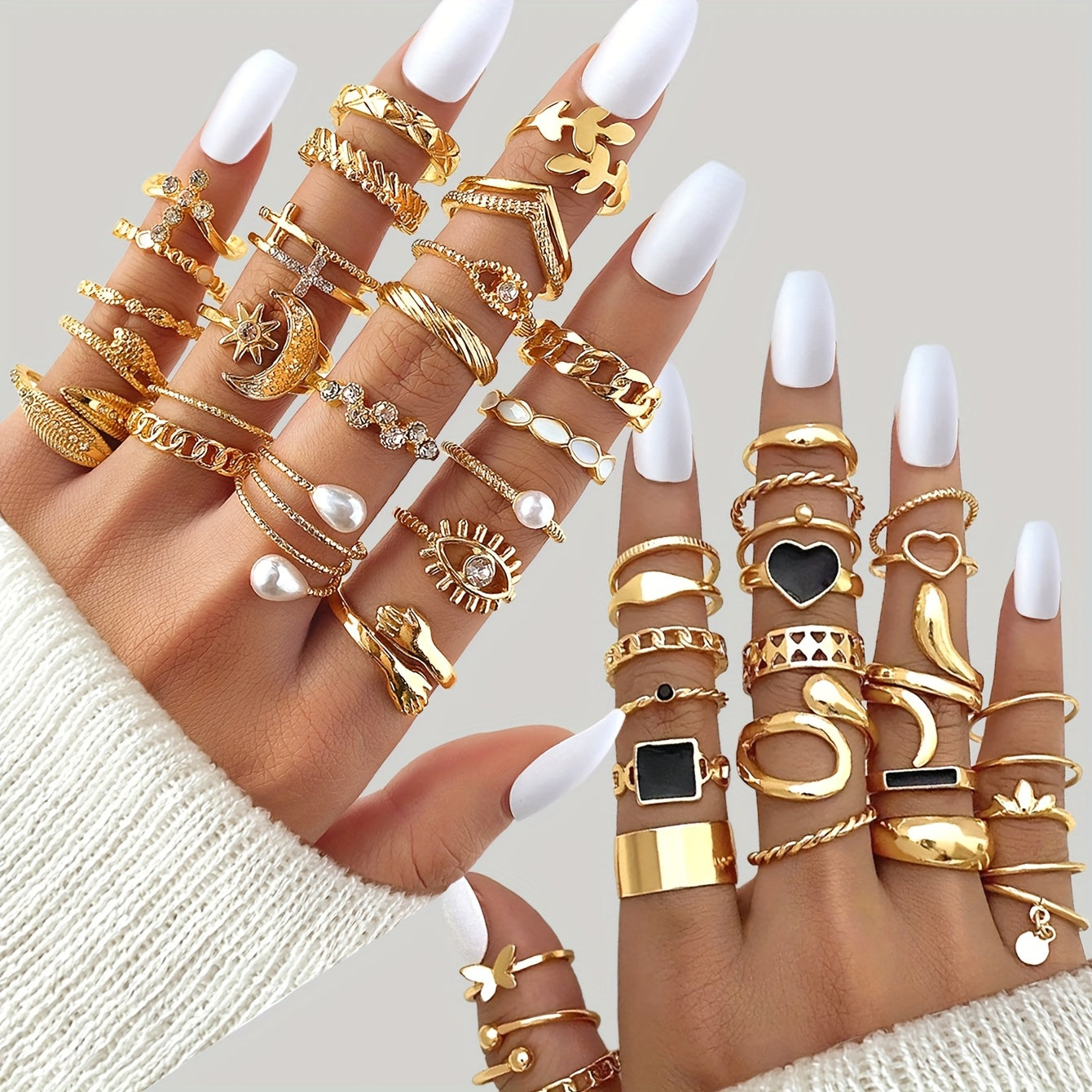 50pcs Fashionable Elegant Trendy Vacation Style Melange Color Women's Ring Set with Star, Moon, Square, and Heart Designs, Suitable for Daily Wear, Vacation, Party, Wedding, Festival, Date, and Layering, Perfect Gift for Fami