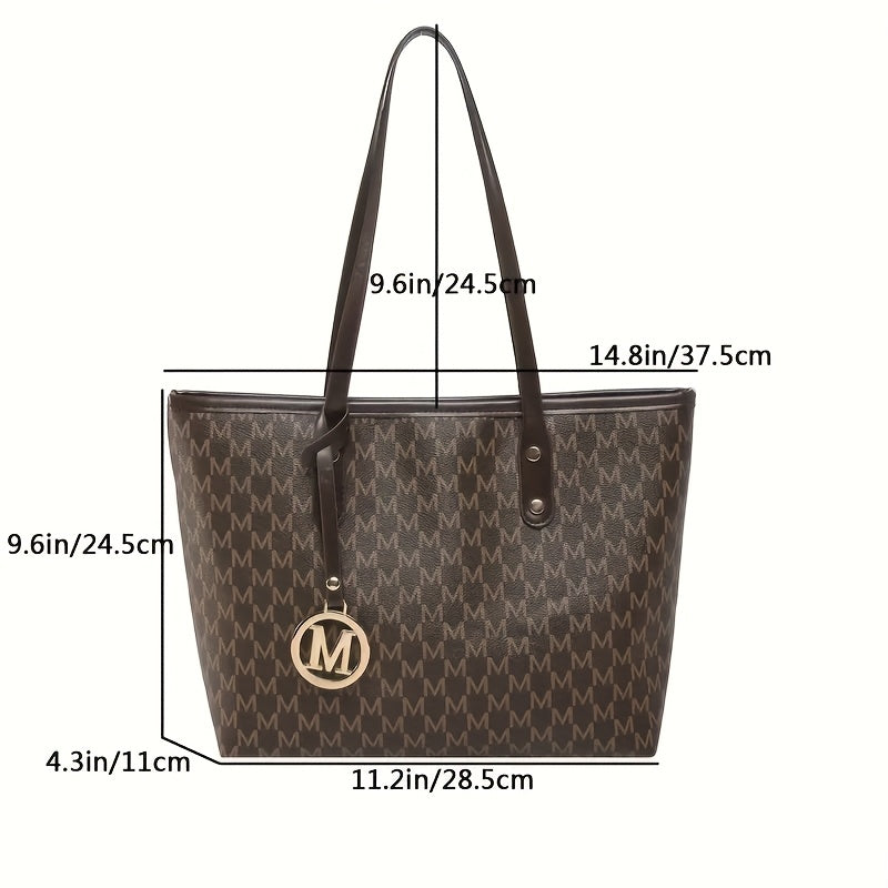 Sac à Main Femme Grande Capacité Luxe – Quincaillerie Dorée, Logo Lettre « M » et Motif Géométrique, Sac Élégant Blanc/Beige/Noir/Beige Clair, Structure Robuste, Fermeture Éclair Sécurisée, Quincaillerie Dorée