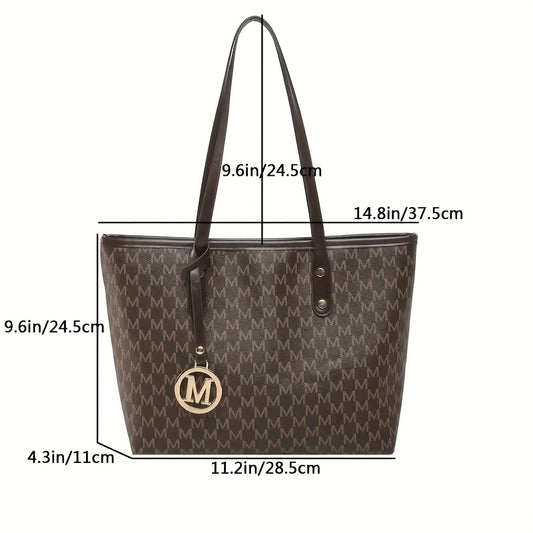 Sac à Main Femme Grande Capacité Luxe – Quincaillerie Dorée, Logo Lettre « M » et Motif Géométrique, Sac Élégant Blanc/Beige/Noir/Beige Clair, Structure Robuste, Fermeture Éclair Sécurisée, Quincaillerie Dorée