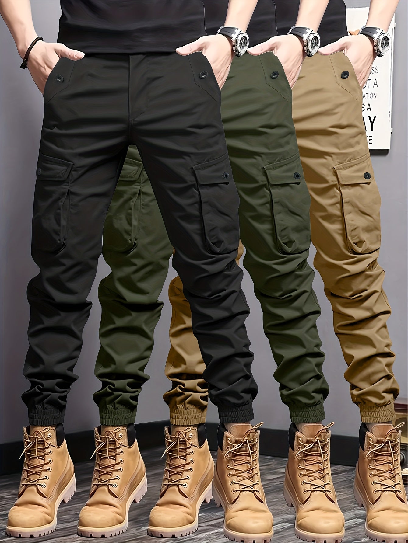 3pcs Pantalons Cargo Homme – Multipoches, Cordon Élastique, Tissu Résistant, Outdoor & Casual