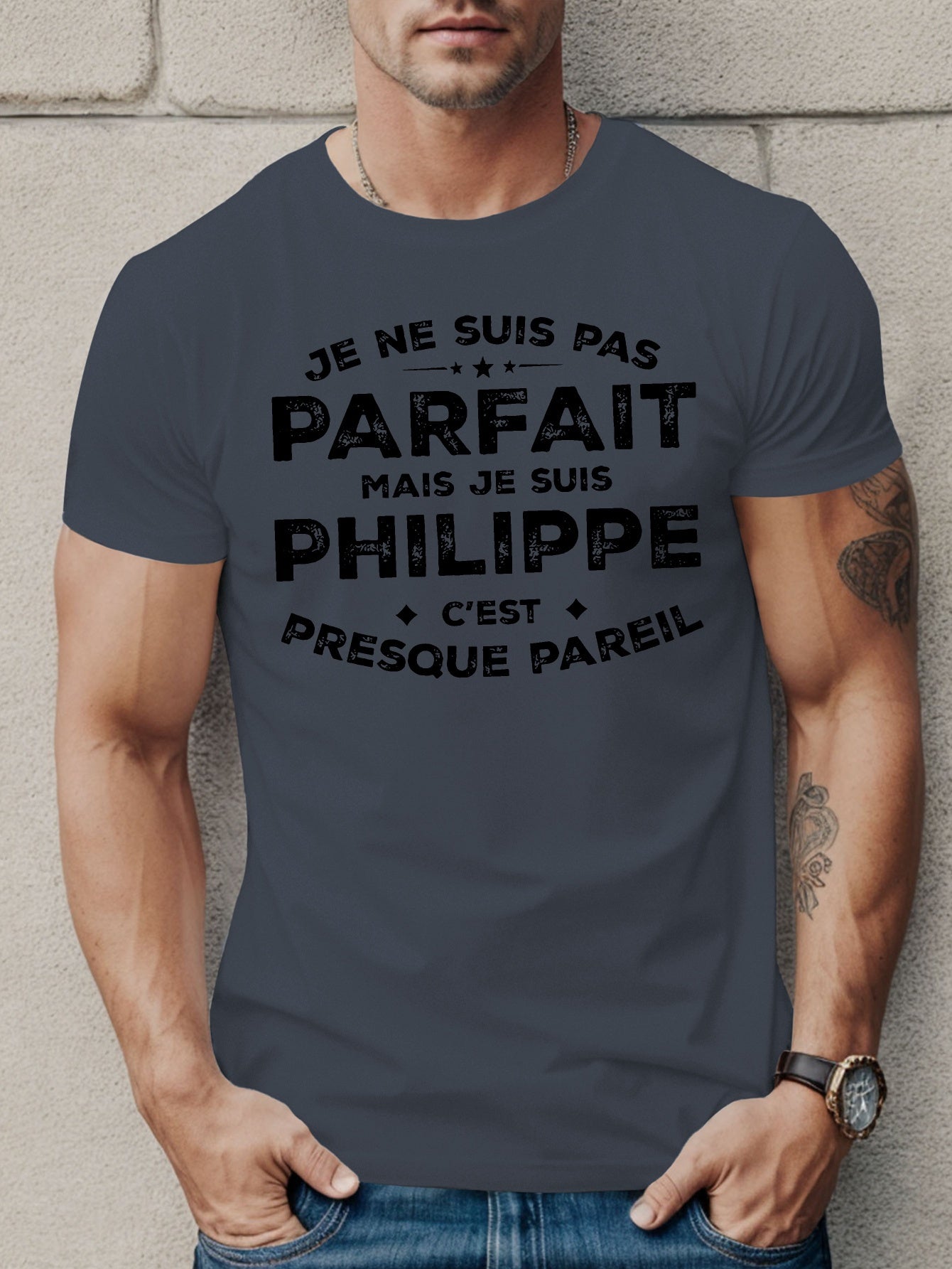 Men'S Casual French Quote T-Shirt - "Je Ne Suis Pas Parfait Mais Je Suis Philippe" with Star Design, Black Short Sleeve Tee for Summer, Comfortable Fit, Everyday Tshirt | Humorous Statement Shirt | Stretchable Fabric