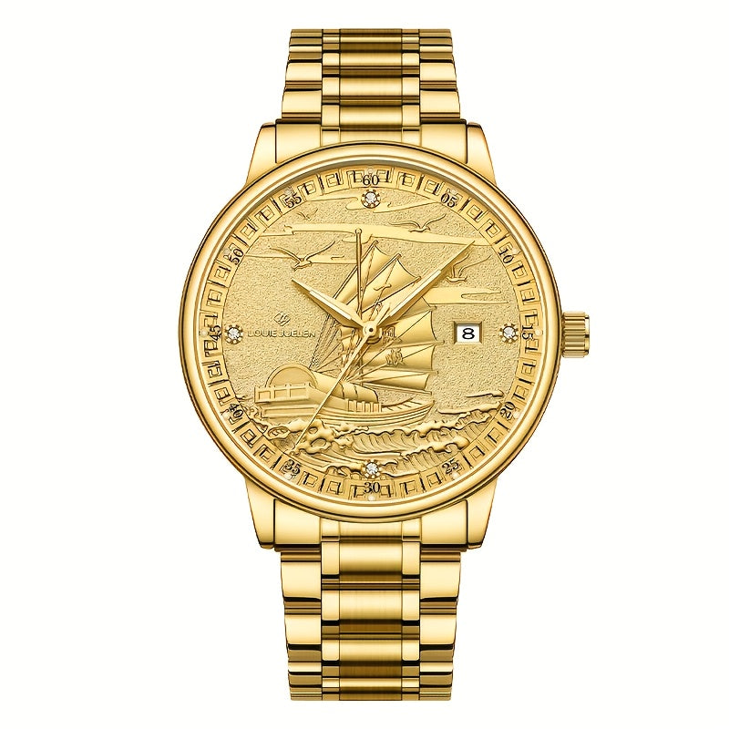 Battery-Free Men's Automatic Mechanical Watch, Smooth Sailing Series, All-Golden Noble Men's Wristwatch, Suitable as a Gift for Family, Partner, and Friends, Formal Accessory, Stylish Timepiece, Classic Watch, Elegant Timepie