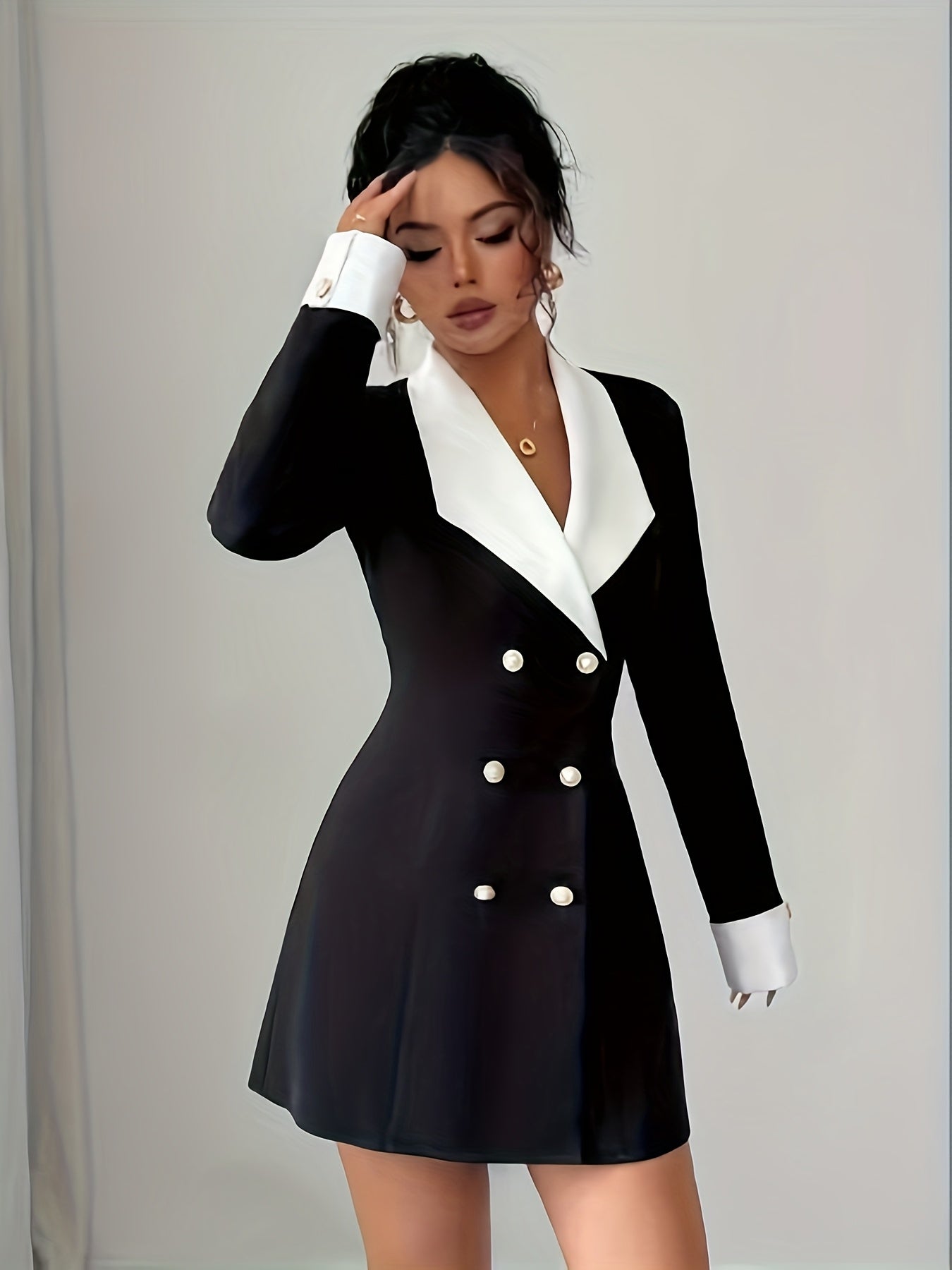 Robe de soirée élégante noire à manches longues contrastées pour femme, avec fermeture croisée et col à revers - Coupe trapèze structurée, lavable en machine, idéale en toute saison pour les fêtes, mariages, galas