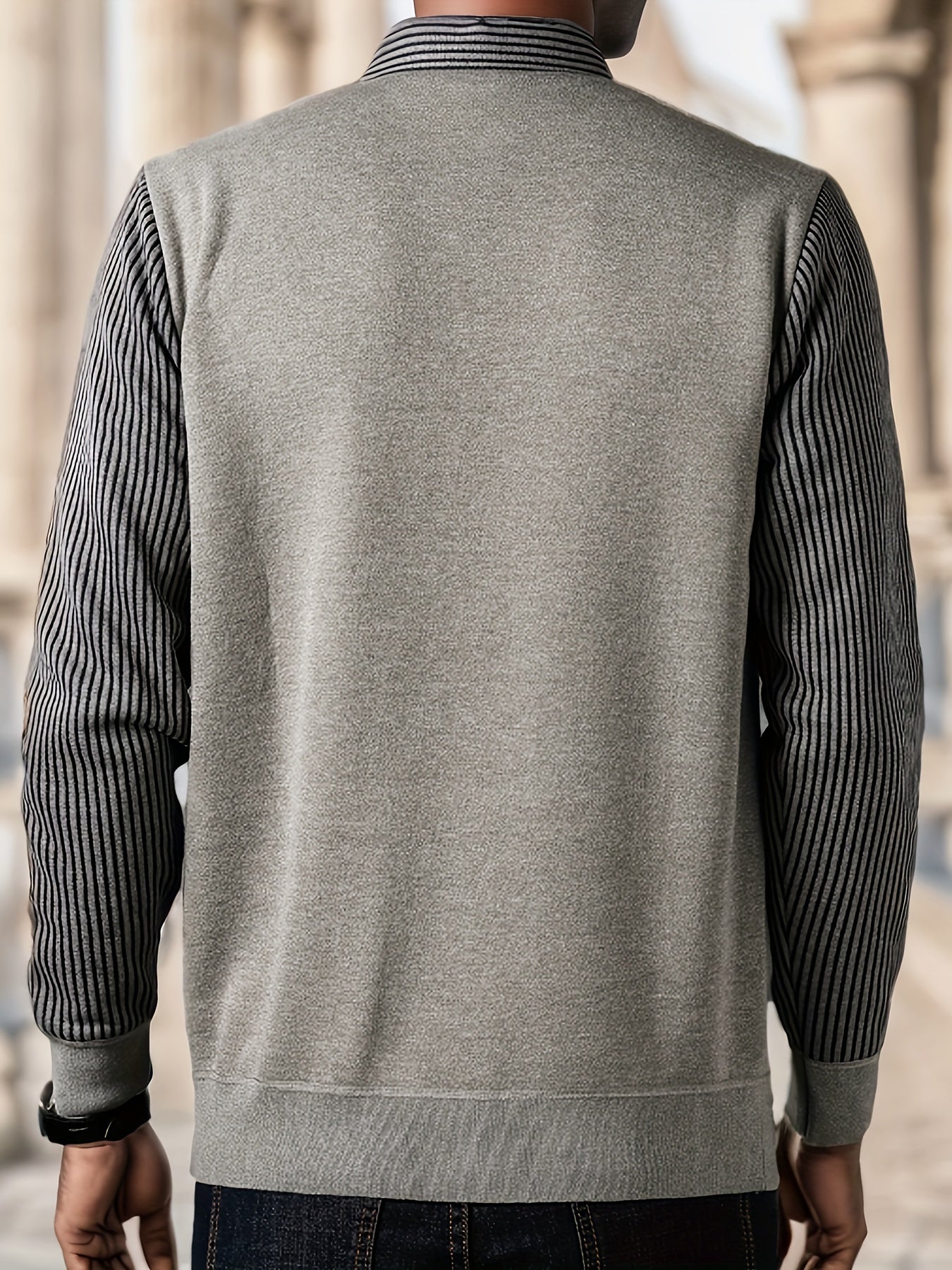 Men's Casual Knit Polyester Sweater - Long Sleeve Layered-Look Lapel Collar with Striped Pattern and Embroidered Detail - Perfect for Sports, Travel, and Office Wear - Spring/Fall Lightweight Stretch Pullover