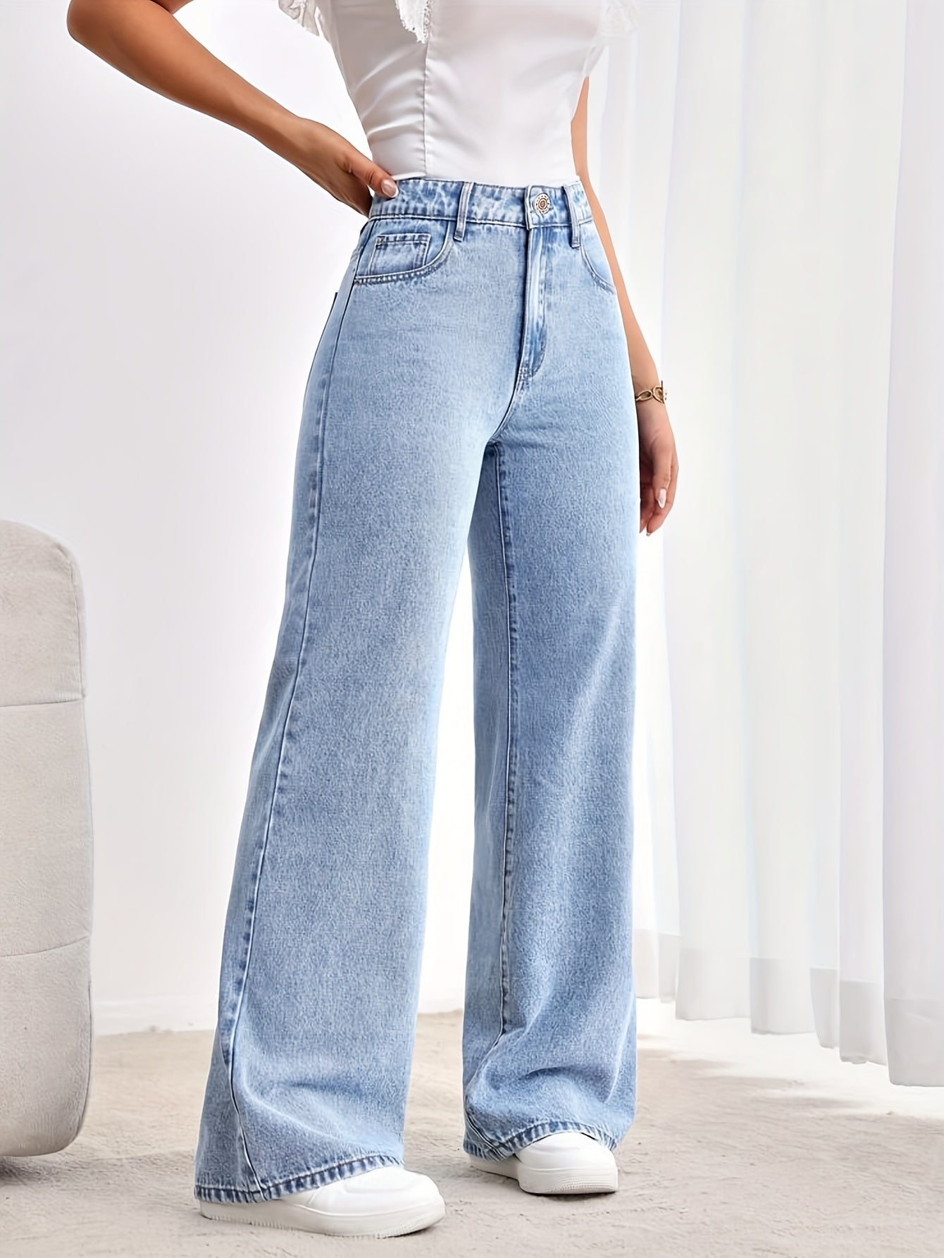 Jeans Femme Taille Haute Extensible Jambe Large Bleu Clair Coupe Ample Décontracté Toute Saison Confortable Effet Usé
