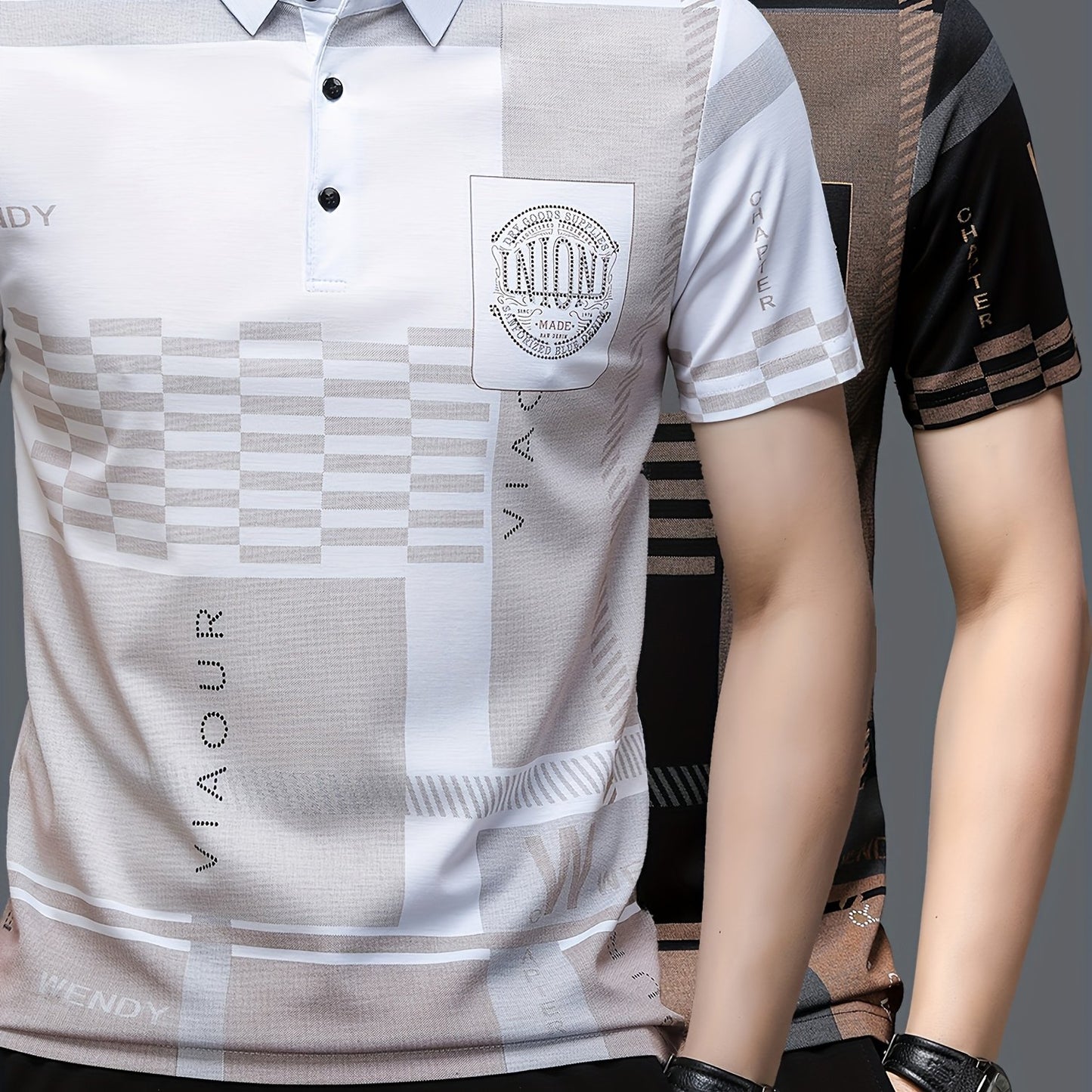 A Set of Two 380G Short-Sleeve Polo Shirts with a Collar, Featuring a Stylish Plaid Design And English Decorations for Men, Perfect for Summer.