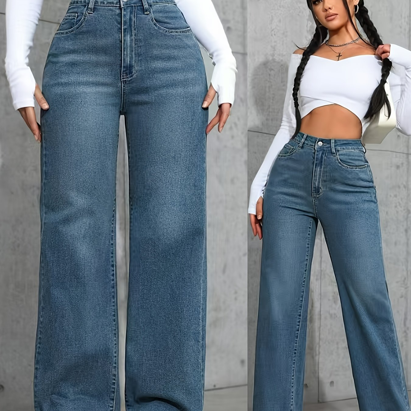 Jeans Femme Bleu – Taille Haute, Extensible, Jambe Droite Décontractée et Polyvalente