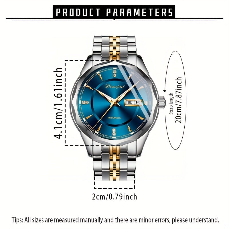 Montre Mécanique Automatique Homme – Acier Inoxydable, Grand Cadran avec Aiguilles Dorées, Chronographe de Luxe avec Calendrier & Affichage de la Semaine, Marqueurs Lumineux, Étanche 30 m – Idée Cadeau pour Homme (Fête des Pères, Anniversaire)