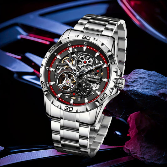 Men's Flywheel Automatic Watch Men's Skeleton Watch Rotating Men's Watch Steel Band Skeleton Self-winding Mechanical Watch
